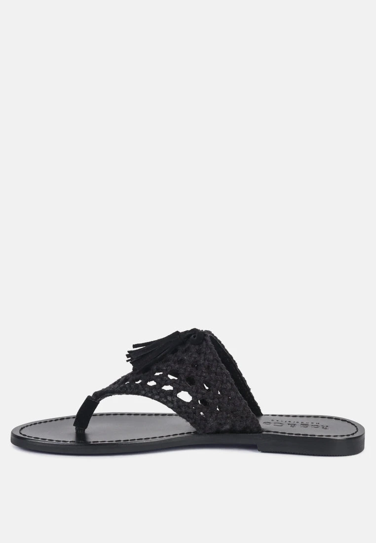 BEECH Handwoven Natural Black Suede Tassel Thong Flats 6 BEECH Handwoven Natural Black Suede Tassel Thong Flats - Image 4