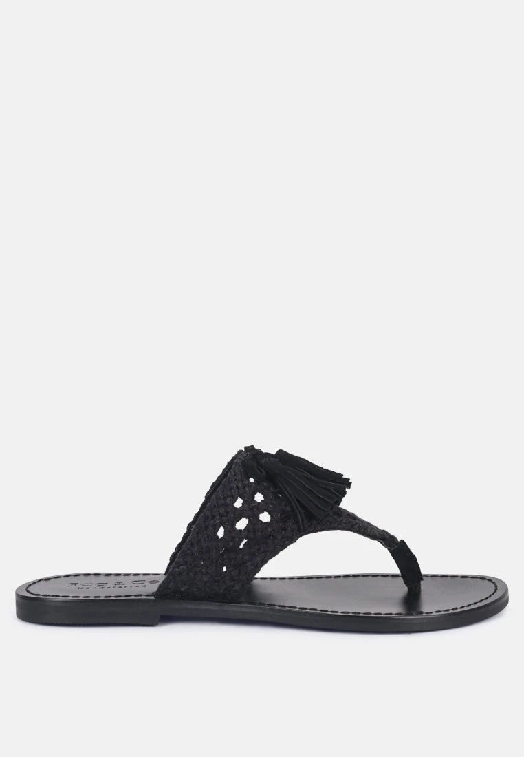 BEECH Handwoven Natural Black Suede Tassel Thong Flats 4 BEECH Handwoven Natural Black Suede Tassel Thong Flats - Image 2