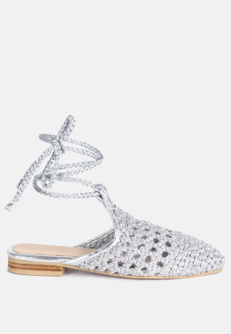 BARTSI Silver Handwoven Tie Up Flat Mules 4 BARTSI Silver Handwoven Tie Up Flat Mules - Image 2