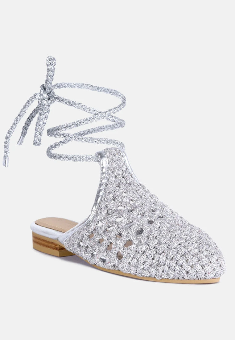 BARTSI Silver Handwoven Tie Up Flat Mules 3 BARTSI Silver Handwoven Tie Up Flat Mules