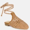 BARTSI Tan Handwoven Tie Up Flat Mules -Velvettes Shoes Shop BARTSITanHandwovenCottonTieUpMuleFlats RCSH2866 Tan 2