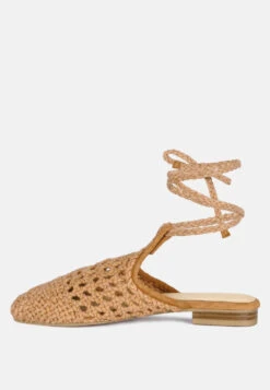 BARTSI Tan Handwoven Tie Up Flat Mules -Velvettes Shoes Shop BARTSITanHandwovenCottonTieUpMuleFlats RCSH2866 Tan 3