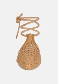 BARTSI Tan Handwoven Tie Up Flat Mules -Velvettes Shoes Shop BARTSITanHandwovenCottonTieUpMuleFlats RCSH2866 Tan 4