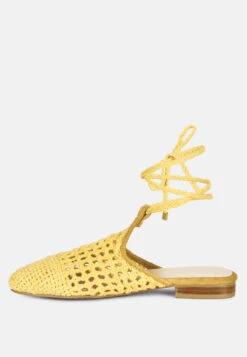BARTSI Yellow Handwoven Tie Up Flat Mules -Velvettes Shoes Shop BARTSIYellowHandwovenCottonTieUpMuleFlats RCSH2866 Yellow 3