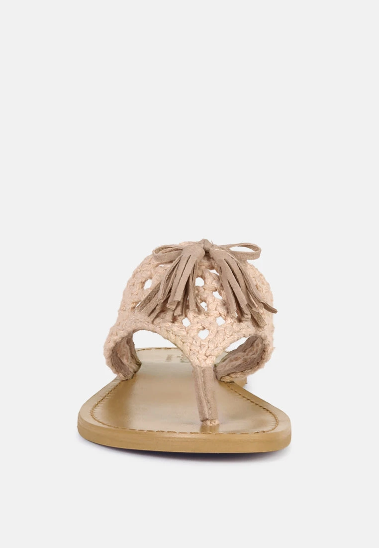 BEECH Handwoven Natural Latte Suede Tassel Thong Flats 5 BEECH Handwoven Natural Latte Suede Tassel Thong Flats - Image 3