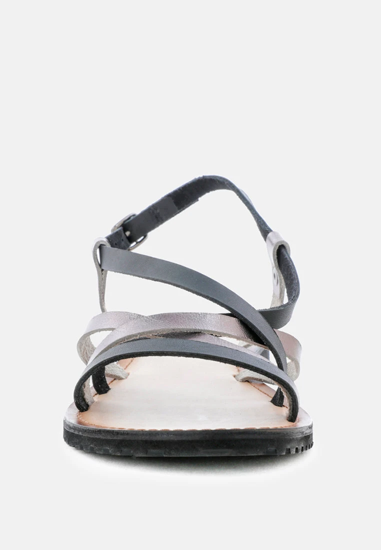 JUNE Black Strappy Flat Leather Sandals 5 JUNE Black Strappy Flat Leather Sandals - Image 3
