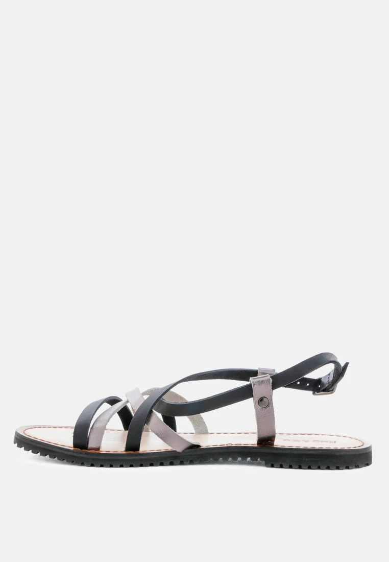JUNE Black Strappy Flat Leather Sandals 6 JUNE Black Strappy Flat Leather Sandals - Image 4