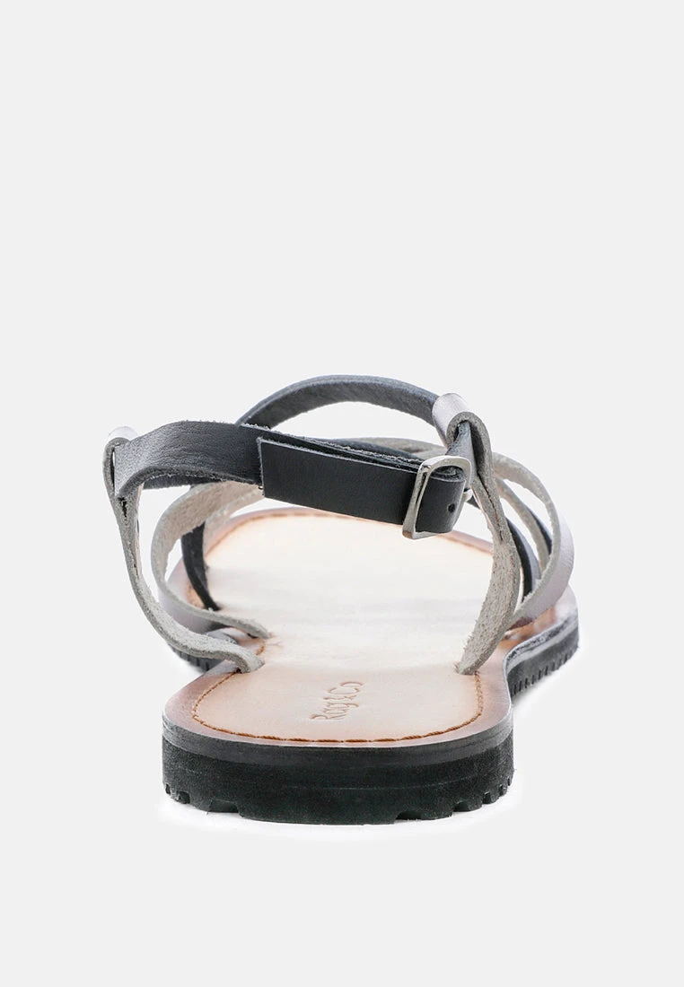 JUNE Black Strappy Flat Leather Sandals 7 JUNE Black Strappy Flat Leather Sandals - Image 5