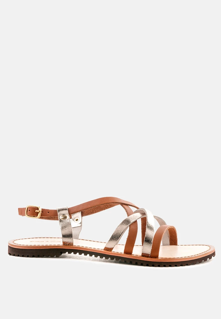 JUNE Tan Strappy Flat Leather Sandals 4 JUNE Tan Strappy Flat Leather Sandals - Image 2