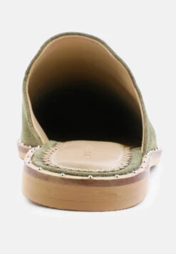 LIA Khaki Green Handcrafted Suede Mules -Velvettes Shoes Shop LIAKhakiGreenCanvasMules RCSH1872 Green 2