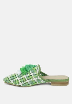 MARIANA Green Woven Flat Mules With Tassels -Velvettes Shoes Shop MARIANAGreenWovenFlatMulesWithTassels RCSH2028 Green 1