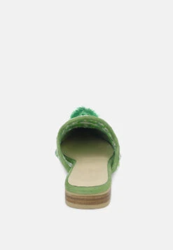 MARIANA Green Woven Flat Mules With Tassels -Velvettes Shoes Shop MARIANAGreenWovenFlatMulesWithTassels RCSH2028 Green 4
