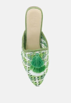 MARIANA Green Woven Flat Mules With Tassels -Velvettes Shoes Shop MARIANAGreenWovenFlatMulesWithTassels RCSH2028 Green 7