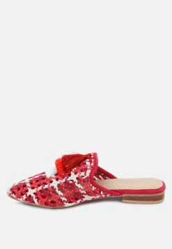 MARIANA Red Woven Flat Mules With Tassels -Velvettes Shoes Shop MARIANARedWovenFlatMulesWithTassels RCSH2028 Red 1