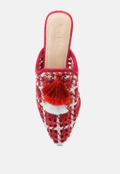 MARIANA Red Woven Flat Mules With Tassels -Velvettes Shoes Shop MARIANARedWovenFlatMulesWithTassels RCSH2028 Red 7