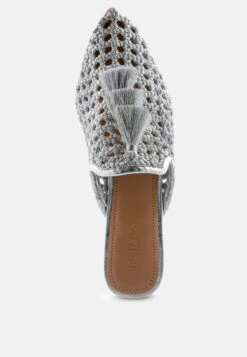 MELANIE Silver Tassels Embellished Woven Flat Mules -Velvettes Shoes Shop MELANIESilverWovenFlatMulesWithTassels RCSH08 Silver 12