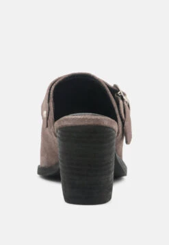 TARRAH Grey Stacked Heel Mules With Adjustable Buckle -Velvettes Shoes Shop TARRAHGreyStackedHeelMuleswithAdjustableBuckle RCSH1863 Grey 7