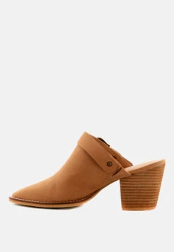 TARRAH Tan Stacked Heel Mules With Adjustable Buckle -Velvettes Shoes Shop TARRAHTanStackedHeelMuleswithAdjustableBuckle RCSH1863 Tan 7
