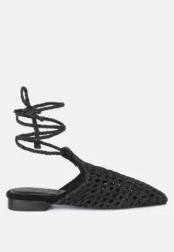 TUTSI Black Handwoven Honeycomb Tie Up Flat Mules -Velvettes Shoes Shop TUTSIBlackHandwovenHoneycombCottonTieUpMuleFlats RCSH2867 Black 1