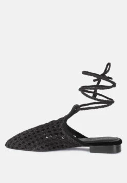 TUTSI Black Handwoven Honeycomb Tie Up Flat Mules -Velvettes Shoes Shop TUTSIBlackHandwovenHoneycombCottonTieUpMuleFlats RCSH2867 Black 3