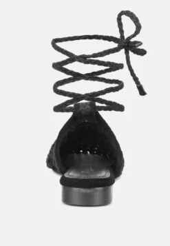 TUTSI Black Handwoven Honeycomb Tie Up Flat Mules -Velvettes Shoes Shop TUTSIBlackHandwovenHoneycombCottonTieUpMuleFlats RCSH2867 Black 5