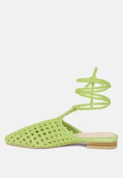 TUTSI Green Handwoven Honeycomb Tie Up Flat Mules -Velvettes Shoes Shop TUTSIGreenHandwovenHoneycombCottonTieUpMuleFlats RCSH2867 Green 3