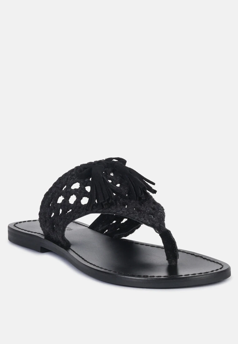 BEECH Handwoven Natural Black Suede Tassel Thong Flats 3 BEECH Handwoven Natural Black Suede Tassel Thong Flats