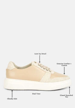 KJAER Dual Tone Leather Sneakers In Beige -Velvettes Shoes Shop kjaerdualtoneleathersneakers RCSH4204 Off White 1