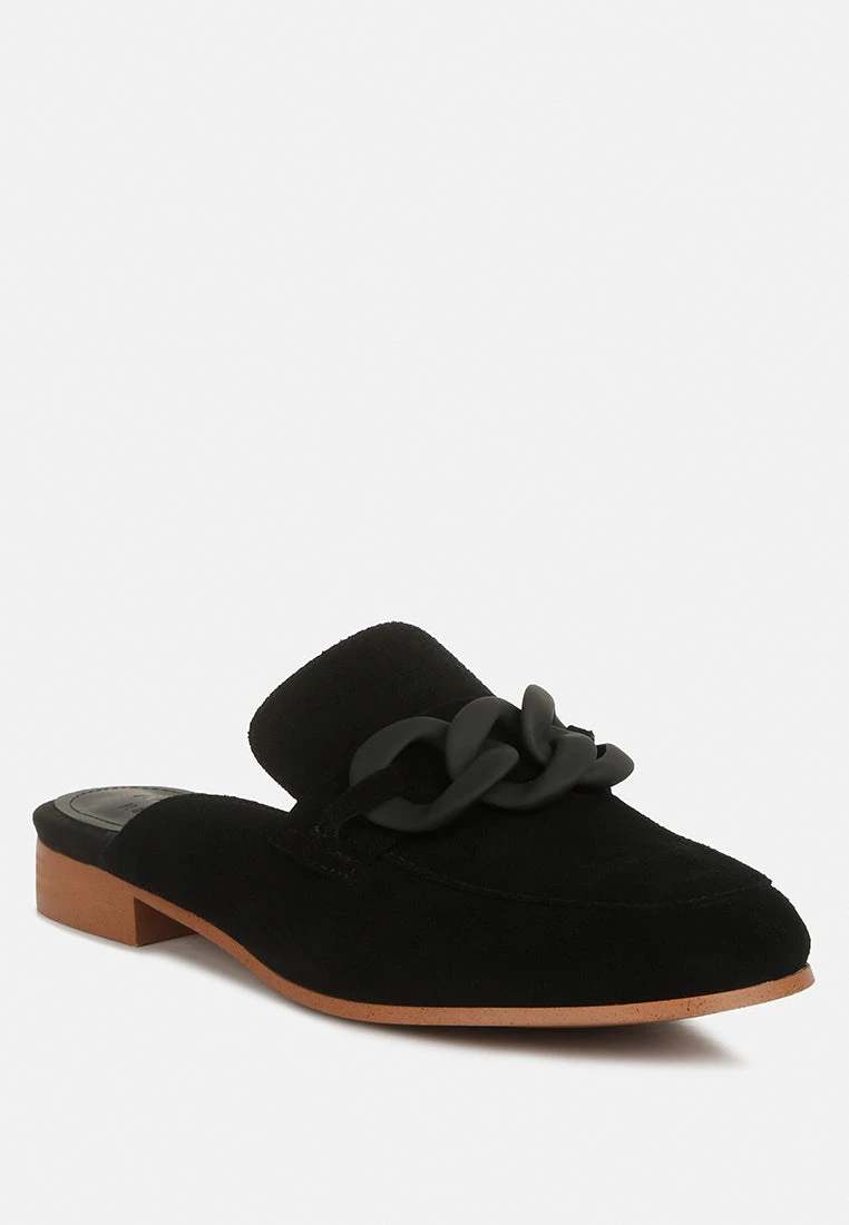 KRIZIA Chunky Chain Suede Slip On Mules In Black 3 KRIZIA Chunky Chain Suede Slip On Mules In Black