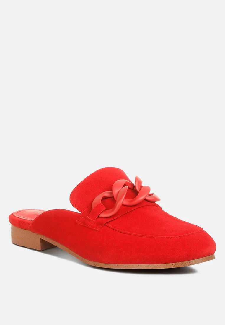 KRIZIA Chunky Chain Suede Slip On Mules In Red 3 KRIZIA Chunky Chain Suede Slip On Mules In Red