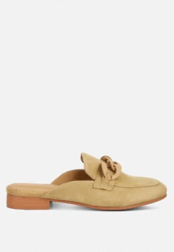 KRIZIA Chunky Chain Suede Slip On Mules In Sand -Velvettes Shoes Shop kriziachunkychainsuedesliponloafersRCSH4107sand 4