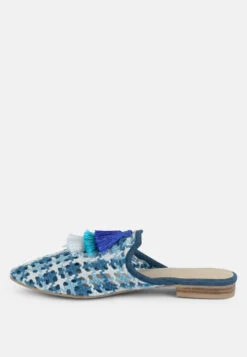 MARIANA Blue Woven Flat Mules With Tassels -Velvettes Shoes Shop marianawovenflatmuleswithtassels RCSH2028 blue 6