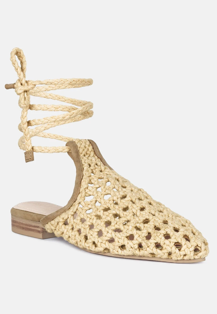 TUTSI Nude Handwoven Honeycomb Tie Up Flat Mules 3 TUTSI Nude Handwoven Honeycomb Tie Up Flat Mules